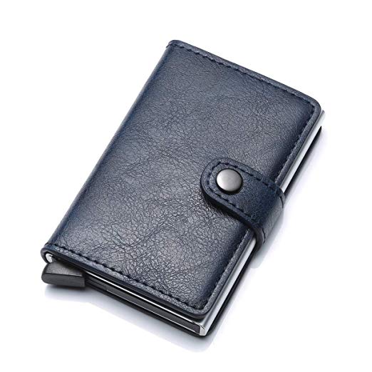 Credit Card Holder RFID Blocking Wallet Slim Wallet PU Leather Vintage Aluminum Business Card Holder Automatic Pop-up Men and Women Card Case Wallet EDC（Blue）