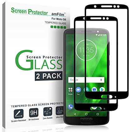 Moto G6 Screen Protector Glass (2 Pack), amFilm Full Cover Tempered Glass Screen Protector with Dot Matrix for Motorola Moto G6 (Black)