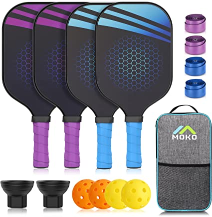 MoKo Pickleball Paddles Set of 4, Fiberglass Surface Pickle Ball Raquette Set Honeycomb Core with 4 Pickleballls 2 Ball Retriever 4 Replacement Soft Grip 1 Bag, Gift for Kids Men Women, Blue Purple