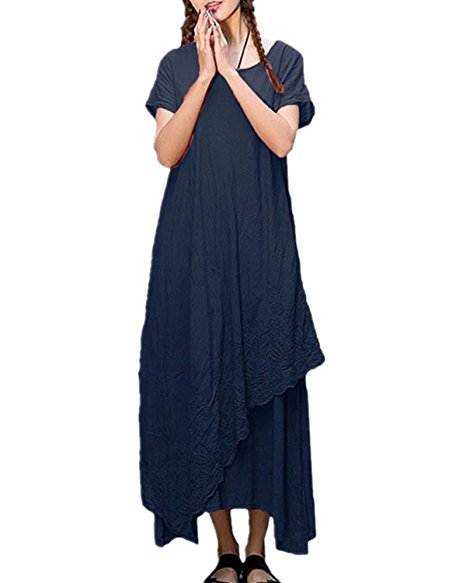 ZANZEA Womens Vintage Round Neck Two-layer Short Sleeve Cotton Linen Maxi Dress