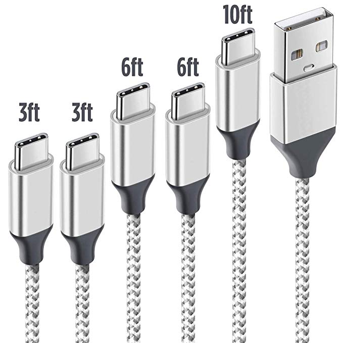 NganHing USB Type C Cable 5 Pack Nylon Braided USB C to USB A Sync & Charging Cord Charging Compatible Samsung Galaxy S9 S8 Note 8 LG V30 G6 G5 Pixel Nintendo Switch