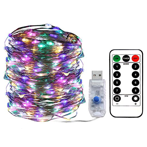 Areskey LED Fairy String Lights - 33ft 100 LED USB Powered Waterproof 8 Modes Remote Control Copper Wire Firefly Lights for Christmas Halloween Holiday Wedding Party (Multicolor)