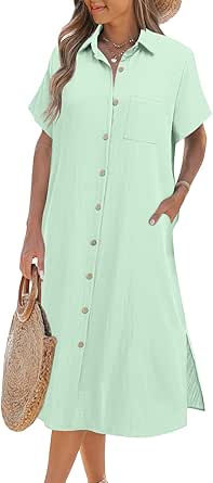 Zeagoo Womens Dress Summer Casual Short Sleeve Button Down Shirt Dress Beach Cover Up Dress with Pockets