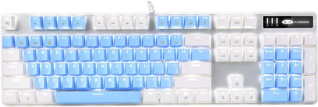 MageGee Mechanical Gaming Keyboard, New Upgraded 104 Keys White LED Backlit Keyboard with Blue Switches, USB Wired Mechanical Gaming Keyboard for Computer Laptop PC Gamers, White and Blue