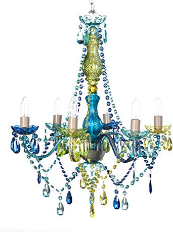 The Original Gypsy Color 6 Light Large Blue Green Gypsy Chandelier H26" W22", Silver Metal Frame with Blue Green Multicolor Acrylic Crystals