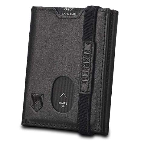 Wallets Mens Slim Trifold RFID Blocking Genuine Leather Minimalist Mini Black Wallet with Coin Pocket, 2 Banknote Compartment, 7 Card Slots, ID Window, Elastic Strap with Gift Box
