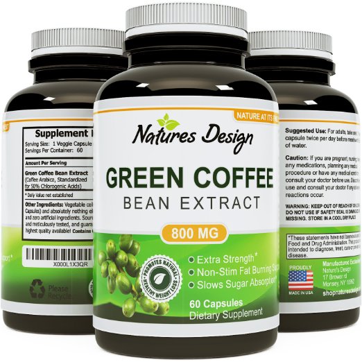 Pure Green Coffee Bean Extract - Highest Grade and Quality Antioxidant GCA Standardized to 50 Chlorogenic Acid for Men and Women Best Formula - Burns Both Fat and Sugar As Doctors Recommend - Guaranteed By Natures Design
