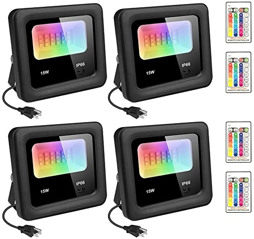 4 Pack 15W RGB LED Flood Light with Remote Controller 16 Colors 4 Modes Dimmable Color Changing DIY Floodlight IP66 Waterproof with US 3-Plug Indoor Outdoor Garden Stage Light for Christmas