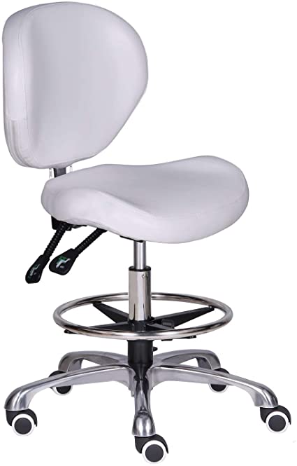 Kaleurrier Adjustable Stools Drafting Chair with Backrest & Foot Rest,Tilt Back,Peneumatic Lifting Height,Swivel Seat,Rolling wheels,for Studio,Dental,Office,Salon and Counter,Home Desk Chairs (White)