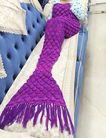 Tian Guan Fish Scale Pattern and Tassel Mermaid Tail Blanket Sofa Blanket Knitting Warm Soft and All Seasons Sleeping Bag for Adult and Kids (Dark purple)