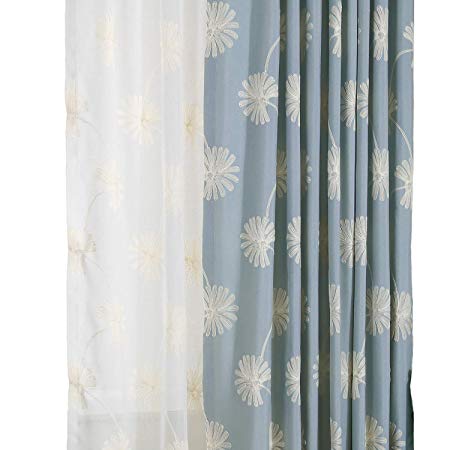 VOGOL(2 Panels Floral Patten Embroidered Elegant Faux Linen Grommet Curtains/Thermal Insulated 60% Blackout/Heavy Drapes for Bedroom/Living Room,Energy Efficient Window Treatment Panels,52 x 63 Inch