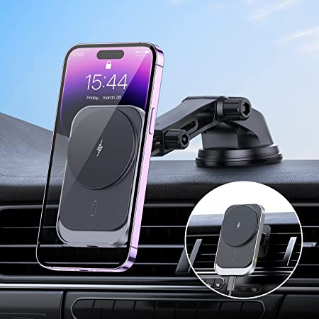 Hinyx Magnetic Wireless Car Charger, 15W Fast Charging for Mag-Safe Charger Car Mount Compatible with iPhone 14/13/12 Series and Mag-Safe/Magnetic Cases(with QC 3.0 Car Charger)