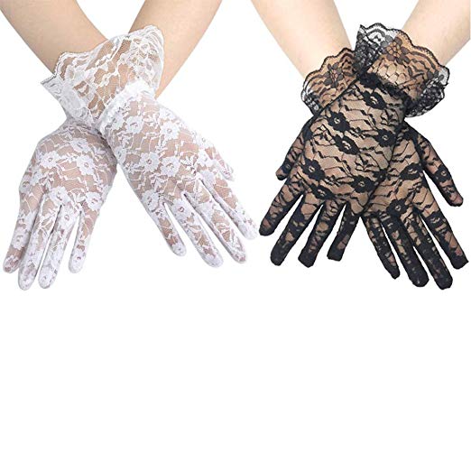CSPRING 2PCS Short Elegant Ladies Lace Gloves Wrist Length Sexy Gloves for Wedding Dinner Parties