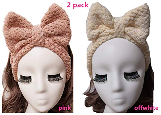 2 Pack IvyMei Microfiber Headband,Bow Wash Face Mask Cosmetic Makeup Shower Skincare Spa Headband for Women,Pineapple Fluffy Fleece Headband Hairband,Soft Absorbent(offwhite pink)