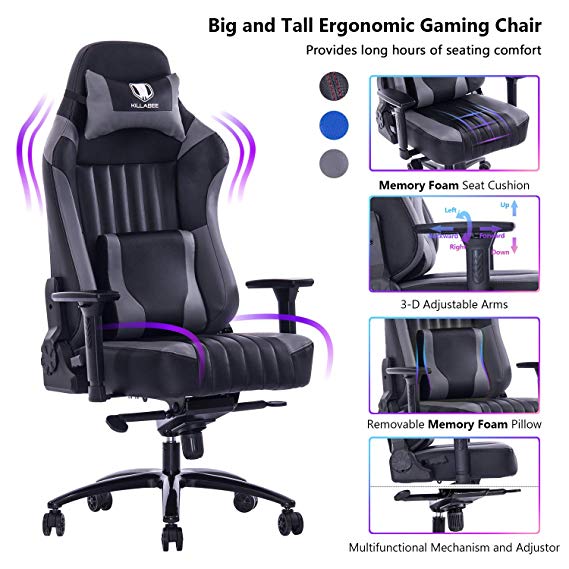 KILLABEE Big and Tall 181kg Memory Foam Gaming Chair-Adjustable Tilt, Angle and 3D Arms Ergonomic High-Back Leather Racing Executive Computer Desk Office Metal Base, Grey