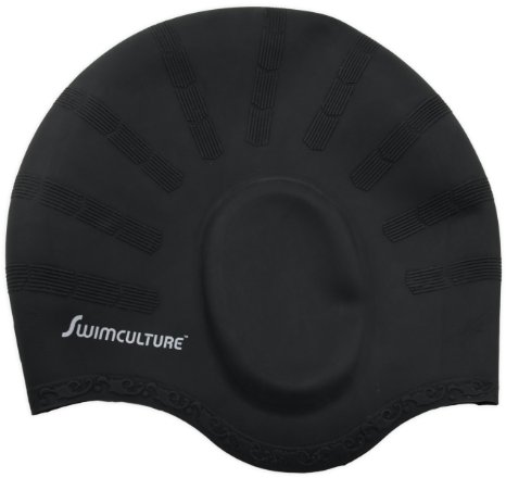 Swim Culture's  Swim Cap for Long Hair with Ergonomic Ear Pockets (Black)