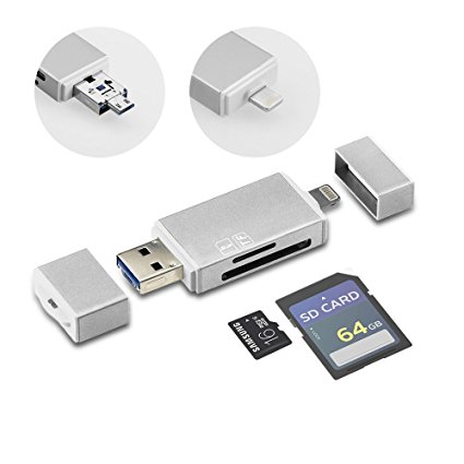 GiBot 3-in-1 USB3.0 Micro USB Lightning Portable Card Reader for SDXC, SDHC, SD, Micro SDXC, Micro SD, Micro SDHC, TF Card for iPhone/ iPad/ Pc/ Laptop/ Android Smartphone with OTG Function, Silver