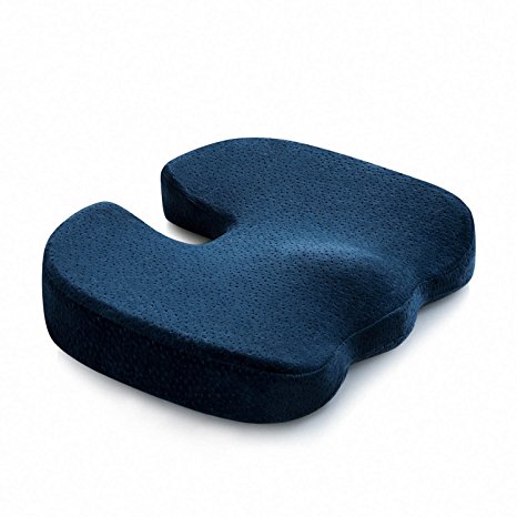 Coccyx Orthopedic Seat Cushion, HEIRBLS 100% Memory Foam & Removable Clean Cover - Helps ease Sciatica, Tailbone Pain - Great for Office Chair, Car, Plane, Wheelchair and More ( Navy Blue )