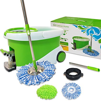 Concise Home Stainless Steel Easy Wring Spin Mop and Bucket Rolling System with Microfiber mop heads Gift Box