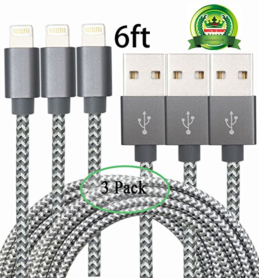 Yakonn iPhone Charger Charging Cable 3 pack Lightening Cable 6FT iPhone Cable USB Sync & Charging Cord for iPhone 7 Plus 7 6S Plus 6 Plus SE 5S 5C 5, iPad 2 3 4 Mini, iPad Pro Air, iPod.(Grey)