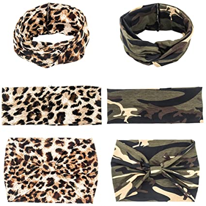 Yeshan Women and Girls Camo and Leopard Print Designs Non slip off Elastic Bow Headband Turban Twisted Head Wrap Sweat Wicking Hair Band - Great For Sports, Yoga, Fashion, and Running,Pack of 6