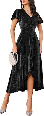 BeryLove Women Sequin Formal Party Dress Flutter Short Sleeve Wedding Cocktail Long Evening Dress