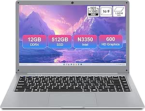 jumper Laptop 14", 12GB DDR4 512GB SSD, Expandable 256GB TF Card, Celeron N3350, Notebook Computer with FHD 1080P Display, 35.52WH Battery, 2 Speakers, 2.4G 5G WiFi, Portable Business Laptops.