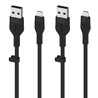 Belkin BoostCharge Flex Silicone USB Type A to Lightning Cable (1M/3.3FT), MFi Certified Charging Cable for iPhone 13, 12, 11, Pro, Max, Mini, SE, iPad and More, 2-pack, Black