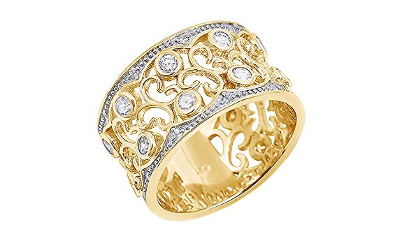 Jewel Zone US White Cubic Zirconia Floral Design Wide Band Ring in 14k Gold Over Sterling Silver