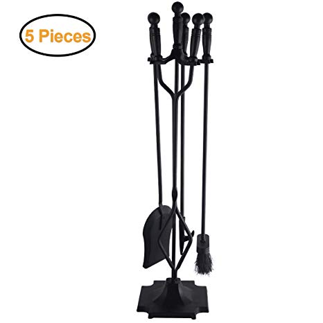 EveryMomentCounts 5 Pieces Fireplace Tools Set Wrought Iron Fire Place Kit Wood Stove Hearth Tools Holder with Handles for Indoor Outdoor Modern Hand Tool Poker Tongs Shovel Brush Sets Black