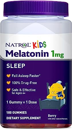 Natrol Kids Melatonin Sleep Aid Gummy, 1mg, Supplement for Children, Ages 4 and up, 180 Berry Flavored Gummies