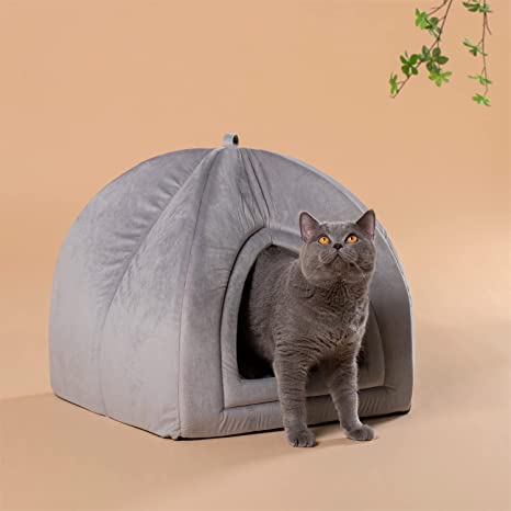 KASENTEX Cat Bed for Indoor Cats, 2-in-1 Cat House Pet Supplies for Kitten and Small Cat or Dog - Animal Cave, Cat Tent with Removable Washable Pillow Cushion (Grey 15x15x15)