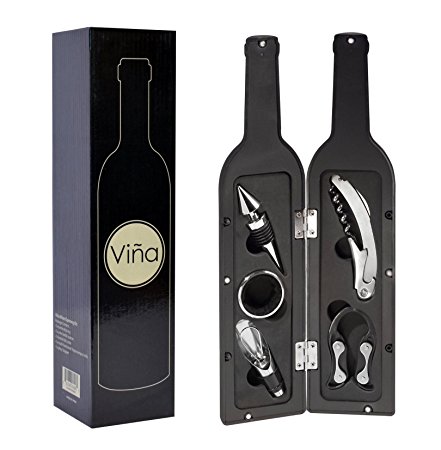 Vina 5 Pcs/set Deluxe Wine Accessory Gift Set - Wine Bottle Opener Stopper Drip Ring Foil Cutter and Wine Pourer, Novelty Bottle-Shaped Gift for Wedding Birthday Anniversary Black
