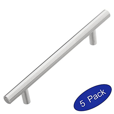 Lizavo 701-128SN Brushed Satin Nickel Cabinet Pulls Solid Modern Euro Style T Bar Kitchen Cabinet Handles- 5 inch (128mm) Hole Centers- 5 Pack