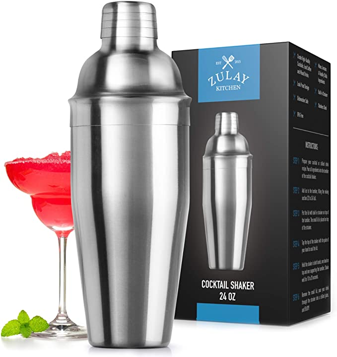 Zulay (24oz) Cocktail Shaker - 18/8 Stainless Steel Martini Shaker With Built-in Strainer - Professional Grade Martini Shaker and Strainer For Bartending & Homebars