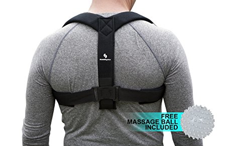 Upper Back and Shoulder Posture Corrector Brace and Clavicle Support with Massage Ball (Medium, Black)