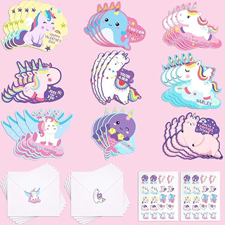 Zonon 36 Pieces Valentines Unicorn Greeting Card with Envelopes Set, Valentine's Day Cartoon Unicorn Cards and 40 Stickers, Classroom Exchange Favors Party Supplies