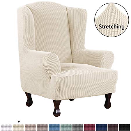 H.VERSAILTEX 1 Piece Super Stretch Stylish Furniture Cover/Wingback Chair Cover Slipcover Spandex Jacquard Checked Pattern, Super Soft Slipcover Machine Washable/Skid Resistance (Wing Chair, Natural)