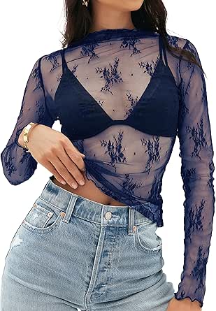 MEROKEETY 2024 Womens Mesh Sheer Long Sleeve Layering Top Mock Neck Lace Floral See Through Shirt Blouses