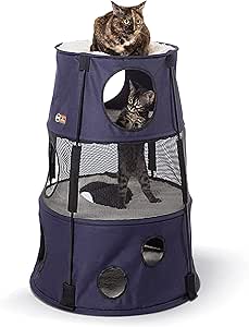 K&H Pet Products Cat Tower Tree Condo for Indoor Cats, Modern Cute Cat Hammock Bed, Kitten & Adult House Activity Center Playground Tree Cave Large Cozy Hideaway - 3 Level Denim 22 X 30