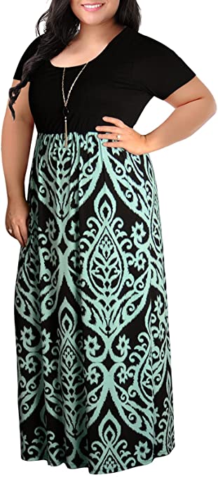 Nemidor Women's Chevron Print Summer Short Sleeve Plus Size Casual Maxi Dress