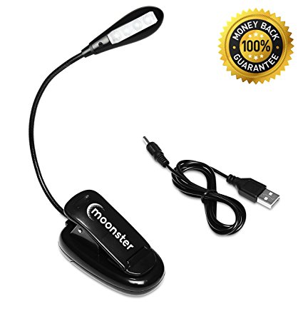 Book Light Clip On Reading Bed Lamp, Battery and USB Operated, FREE 78 inch USB Cable, Flexible Gooseneck, 4 LED Eco Friendly Lights with 2 Brightness Levels for Kindle, Travel, Desk and Books (BLACK)