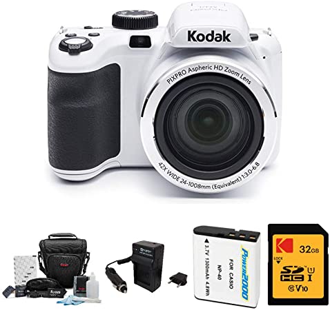 Kodak PIXPRO Astro Zoom AZ421 16MP Digital Camera (White) with Kodak 32GB SD Card, Focus DSLR Camera Accessory Kit, Vidpro Battery Charger and Replacement Lithium Ion Battery Bundle (5 Items)