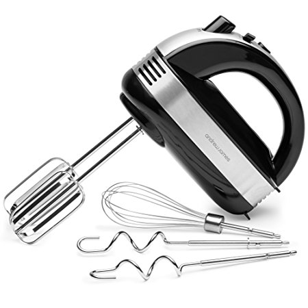 Andrew James Professional Hand Mixer, 300 Watts, 5 Speeds with Turbo Function and 3 Attachments (Black)