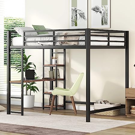 SOFTSEA Full Size Metal Loft Bed with Desk and Shelves High Loft Bed Frame for Adults Kids