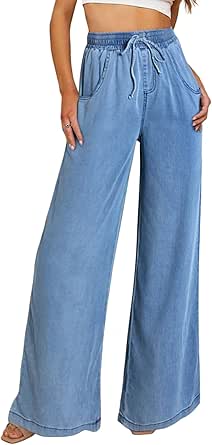 Sidefeel Women's High Waisted Wide Leg Jeans 2024 Summer Drawstring Denim Pants