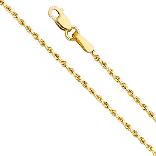 14k REAL Yellow Gold SOLID 1.5mm Rope Diamond Cut Chain Necklace with Lobster Claw Clasp