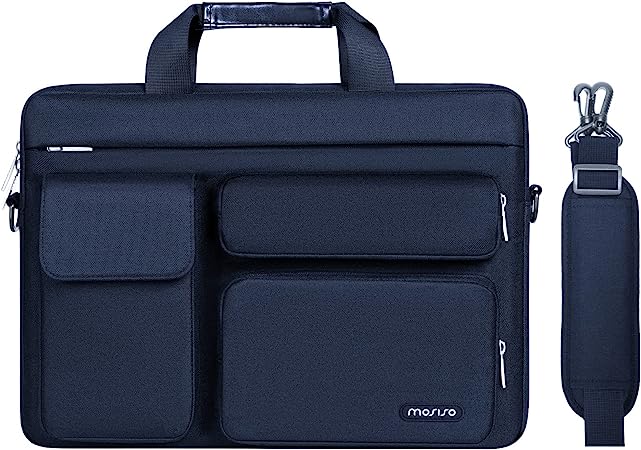 MOSISO Laptop Shoulder Messenger Bag Compatible with MacBook Air/Pro,13-13.3 inch Notebook,Compatible with MacBook Pro 14 inch with 2 Raised&1 Flapover&1 Horizontal Pocket&Handle&Belt, Navy Blue