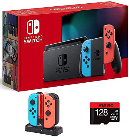 Nintendo 2020 Newest Switch Family Holiday Bundle - Neon, 6.2" Touchscreen LCD Display, Bluetooth   NexiGo Joy-Con and Pro Controllers Charging Dock   NexiGo 128GB MicroSD Card Bundle