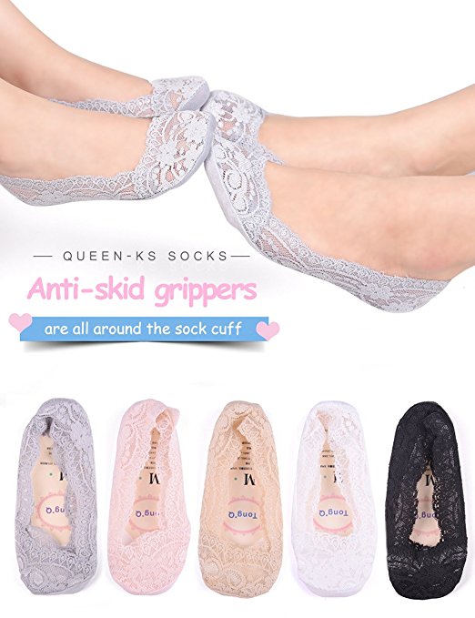 Queen-Ks Girls/Women Low Cut Silicone Grip Non-Skid No Show Lace Loafer Footies Socks 5/10 pairs